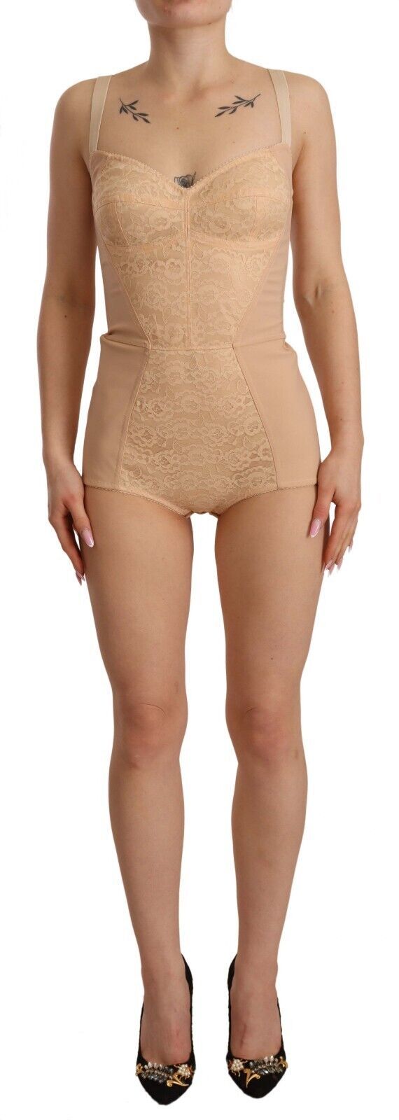 Beigefarbener Stretch-Body mit Spitzeneinsatz