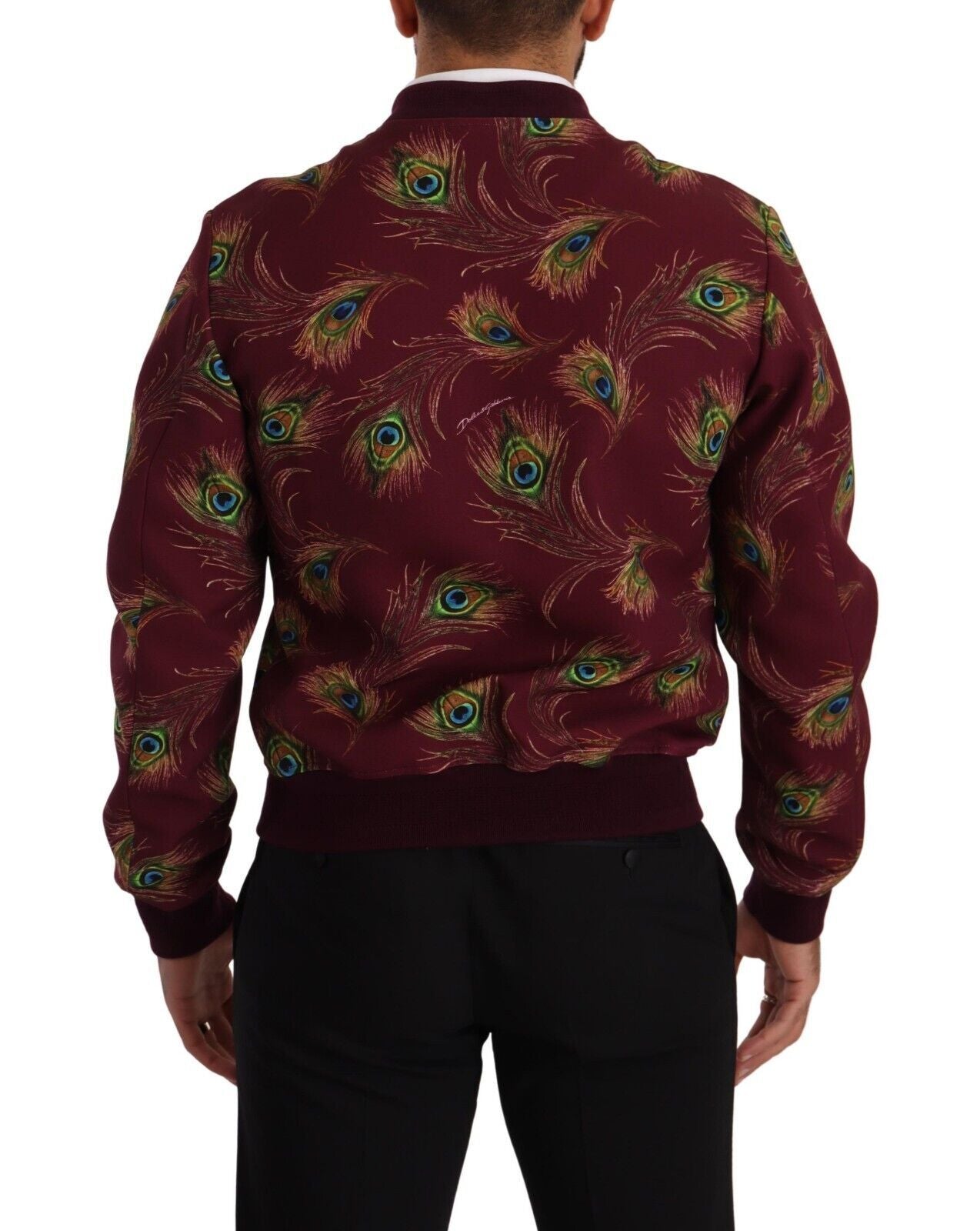 Bomberjacke mit strahlend rotem Pfauenmuster