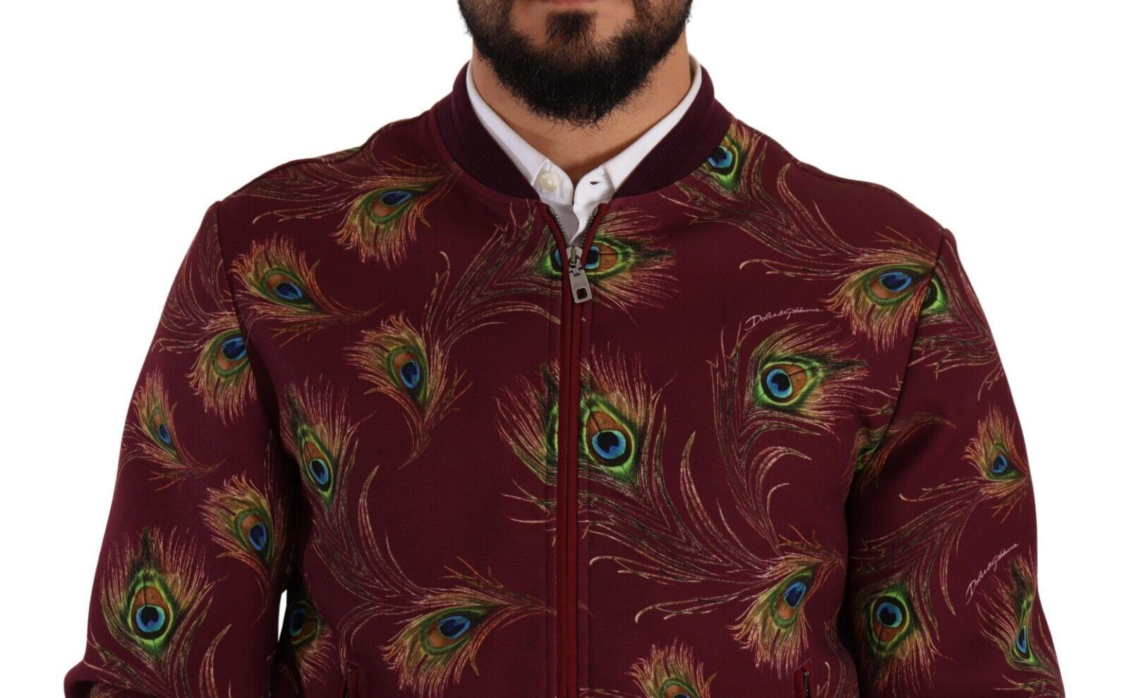 Bomberjacke mit strahlend rotem Pfauenmuster