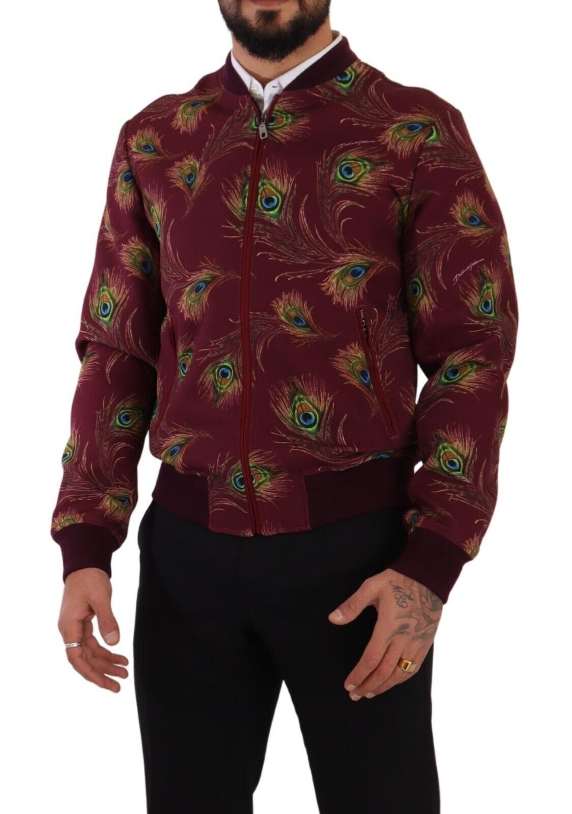Bomberjacke mit strahlend rotem Pfauenmuster
