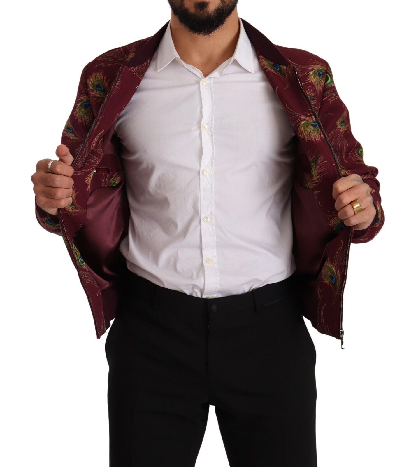 Bomberjacke mit strahlend rotem Pfauenmuster