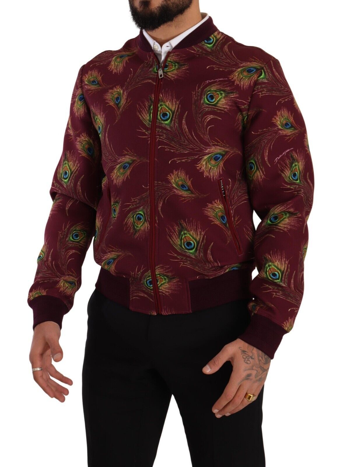 Bomberjacke mit strahlend rotem Pfauenmuster