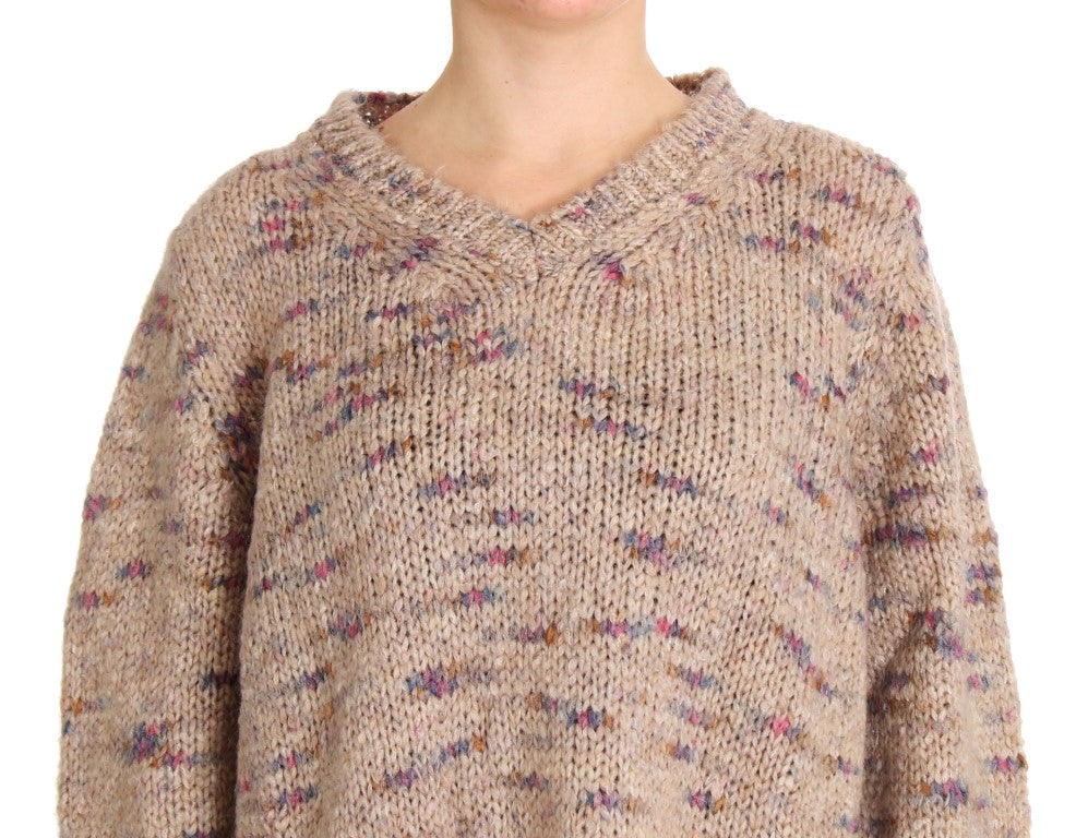 Maglione lavorato a maglia beige oversize con scollo a V