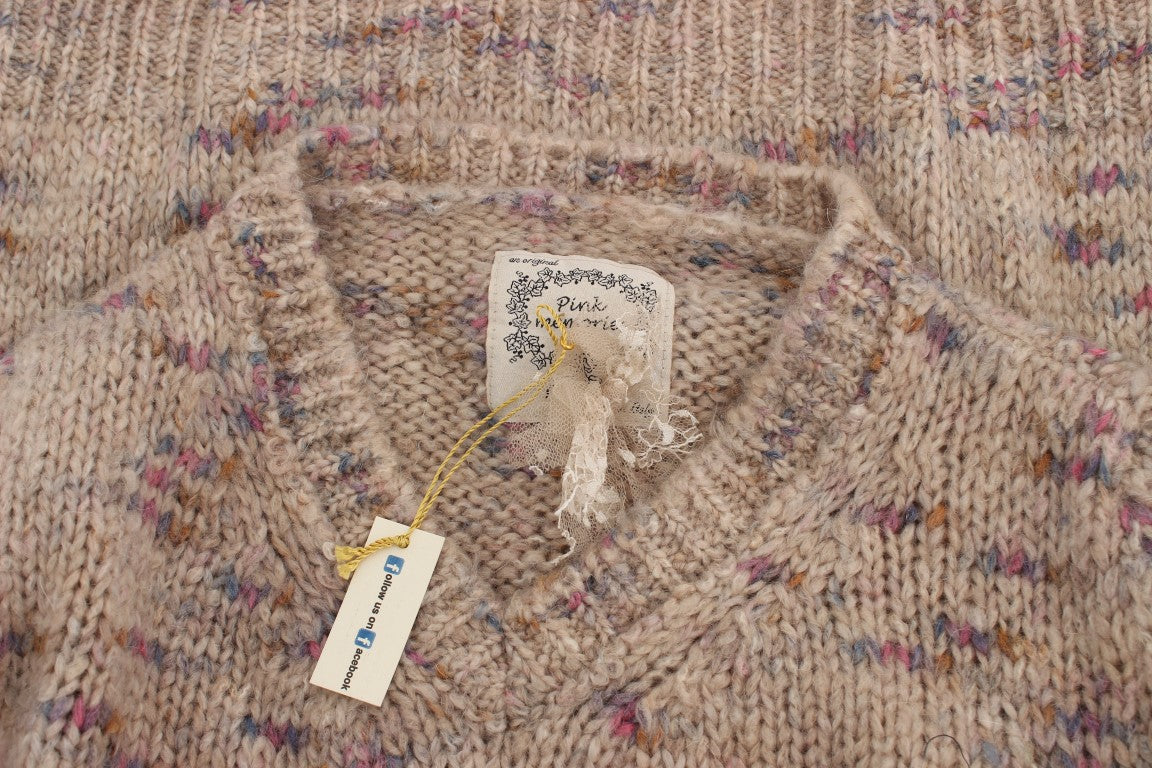 Maglione lavorato a maglia beige oversize con scollo a V