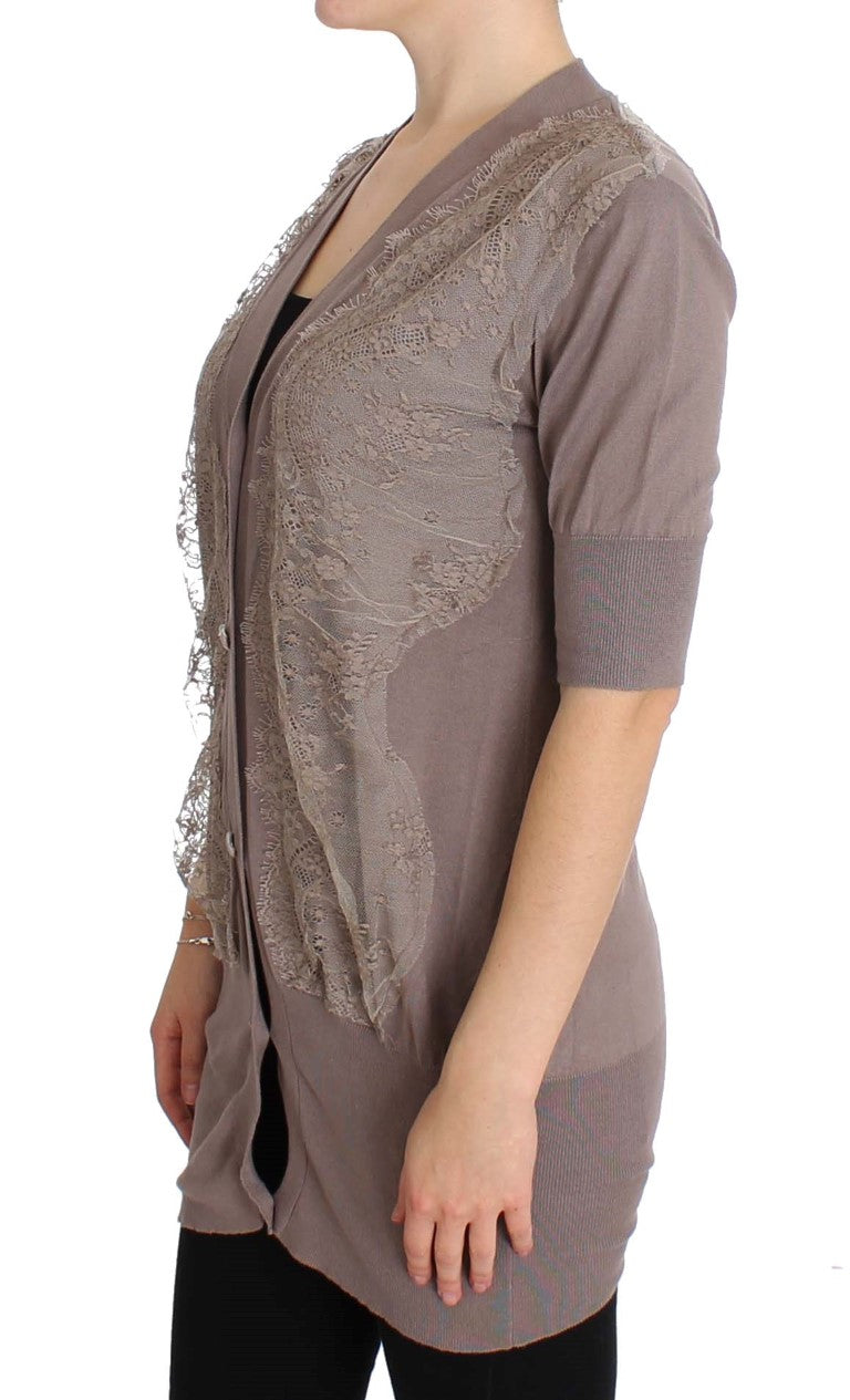 Elegante maglione cardigan in pizzo di cotone viola