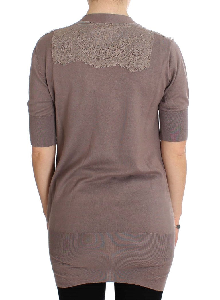 Elegante maglione cardigan in pizzo di cotone viola