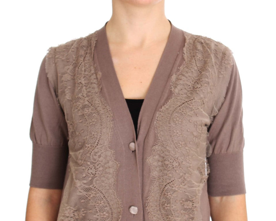Elegante maglione cardigan in pizzo di cotone viola
