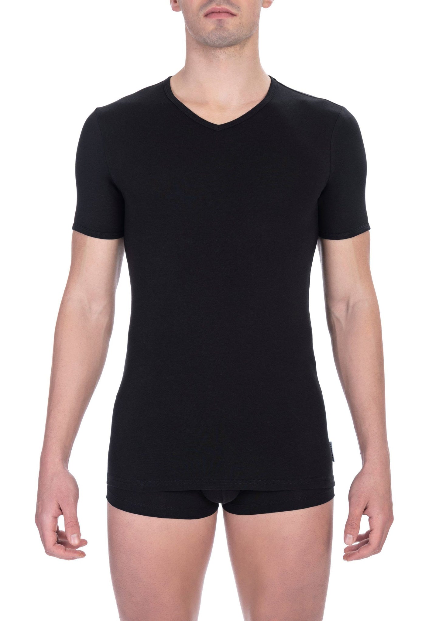 T-shirt nera da uomo in cotone con scollo a V