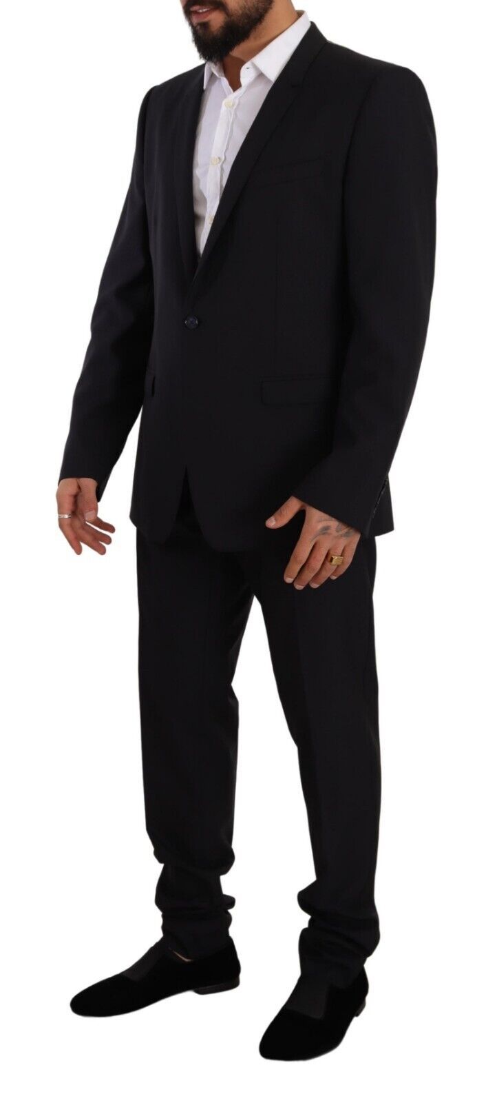 Elegante abito blu navy slim fit in lana e seta a due pezzi