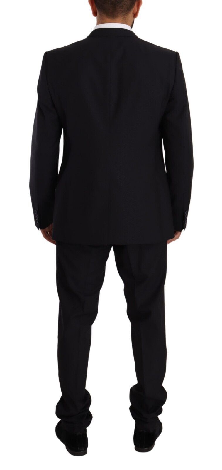Elegante abito blu navy slim fit in lana e seta a due pezzi
