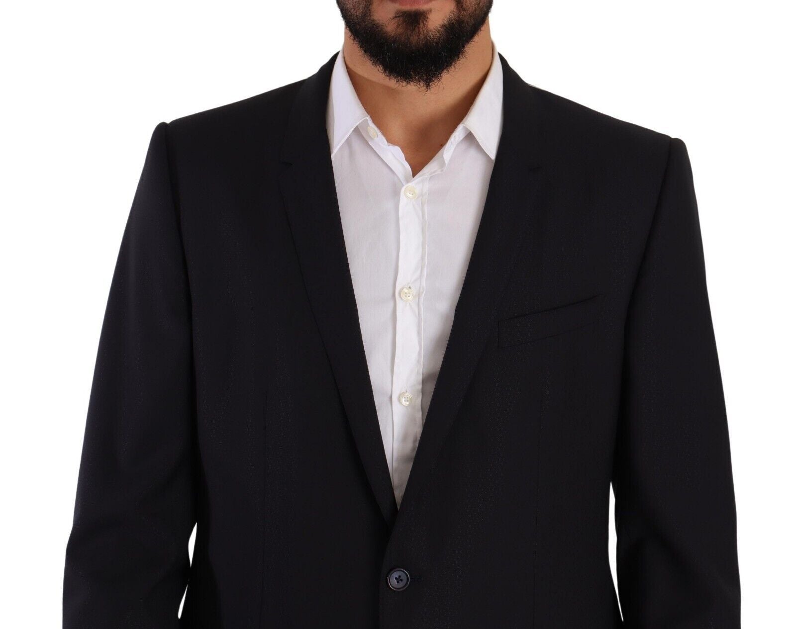 Elegante abito blu navy slim fit in lana e seta a due pezzi