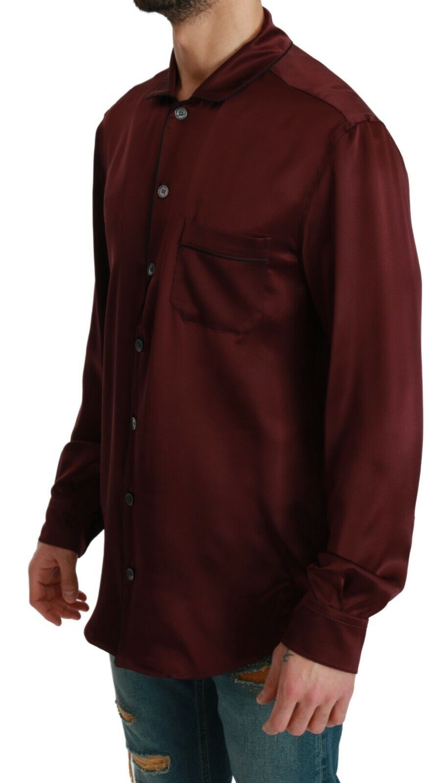 Bordeauxrotes Seidenpyjama-inspiriertes Hemd