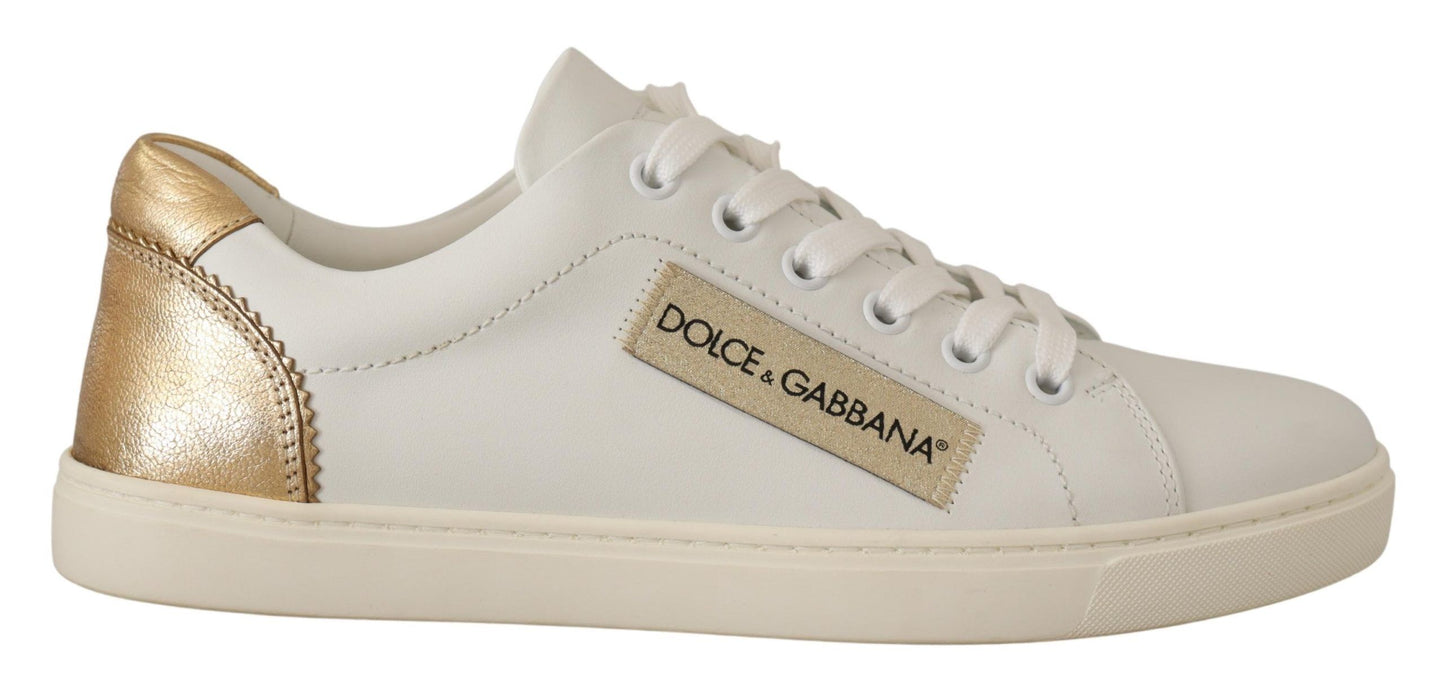 Elegant White Leather Sneakers with Gold Accents