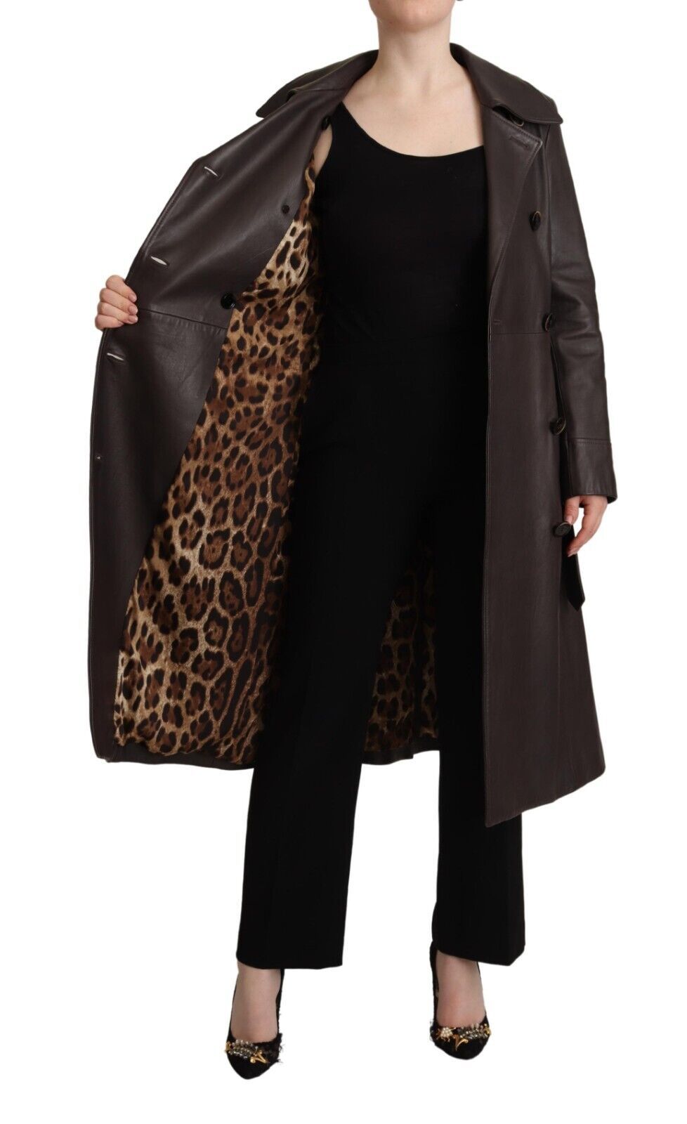 Elegante cappotto doppiopetto in pelle di agnello