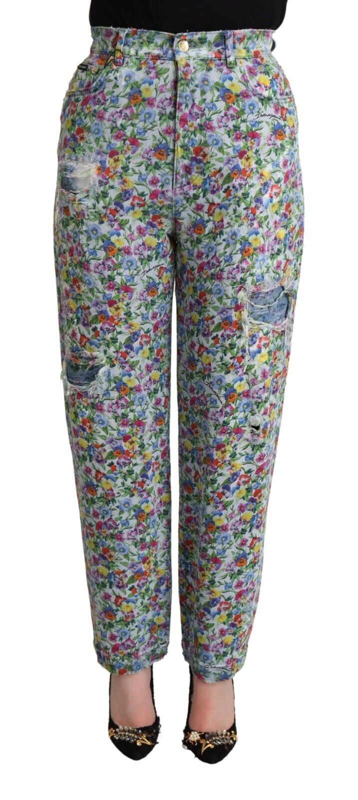 Jeans affusolati a vita alta con motivo floreale