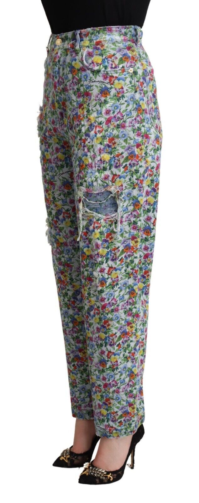 Tapered-Jeans mit Blumenmuster und hoher Taille