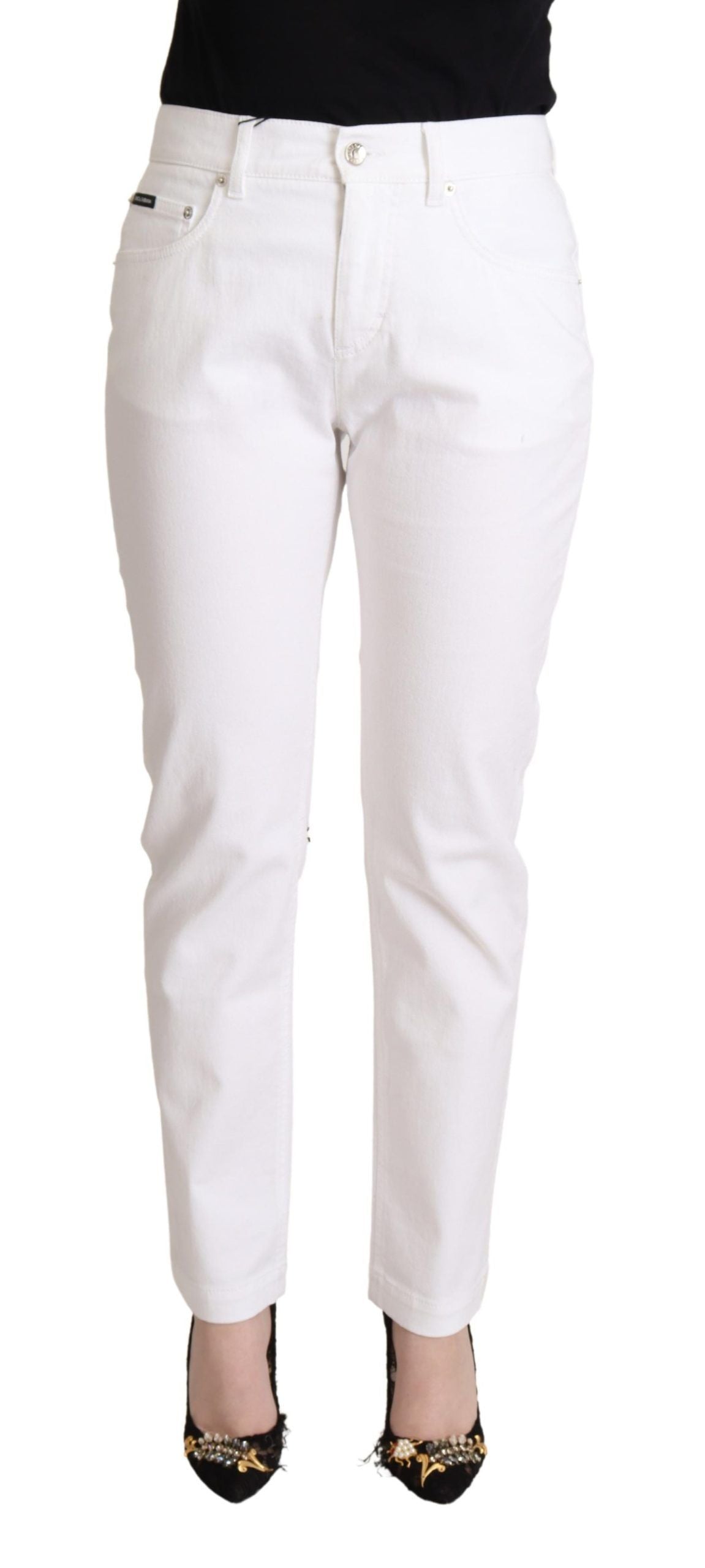 Jeans affusolati bianchi chic con toppa con logo