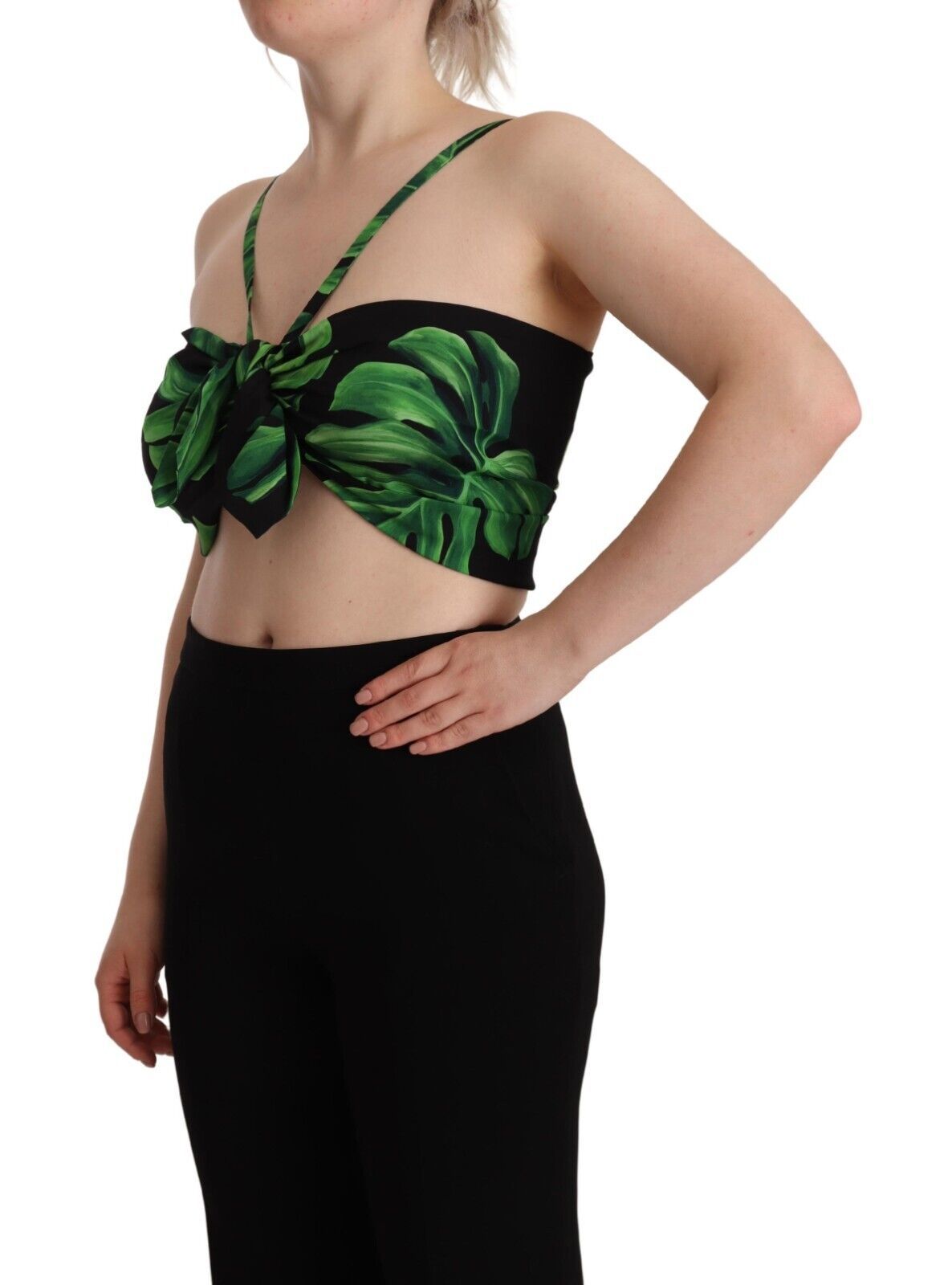 Elegantes Neckholder-Crop-Top mit Blattmuster