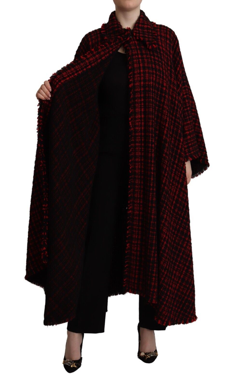 Elegante giacca soprabito a maniche lunghe rossa e nera