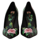 Elegant Black Rose Print Leather Heels