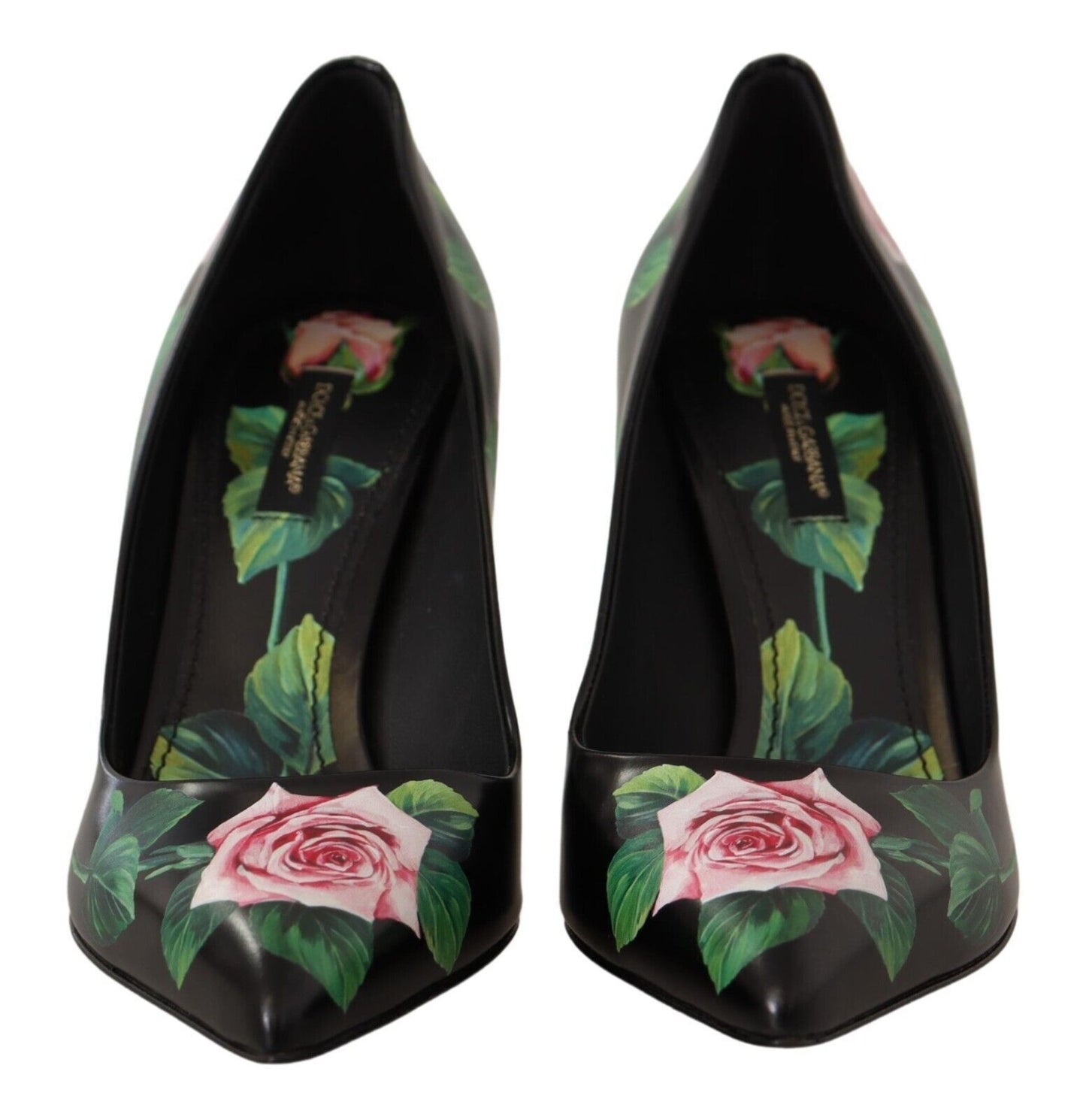 Elegant Black Rose Print Leather Heels