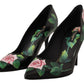 Elegant Black Rose Print Leather Heels