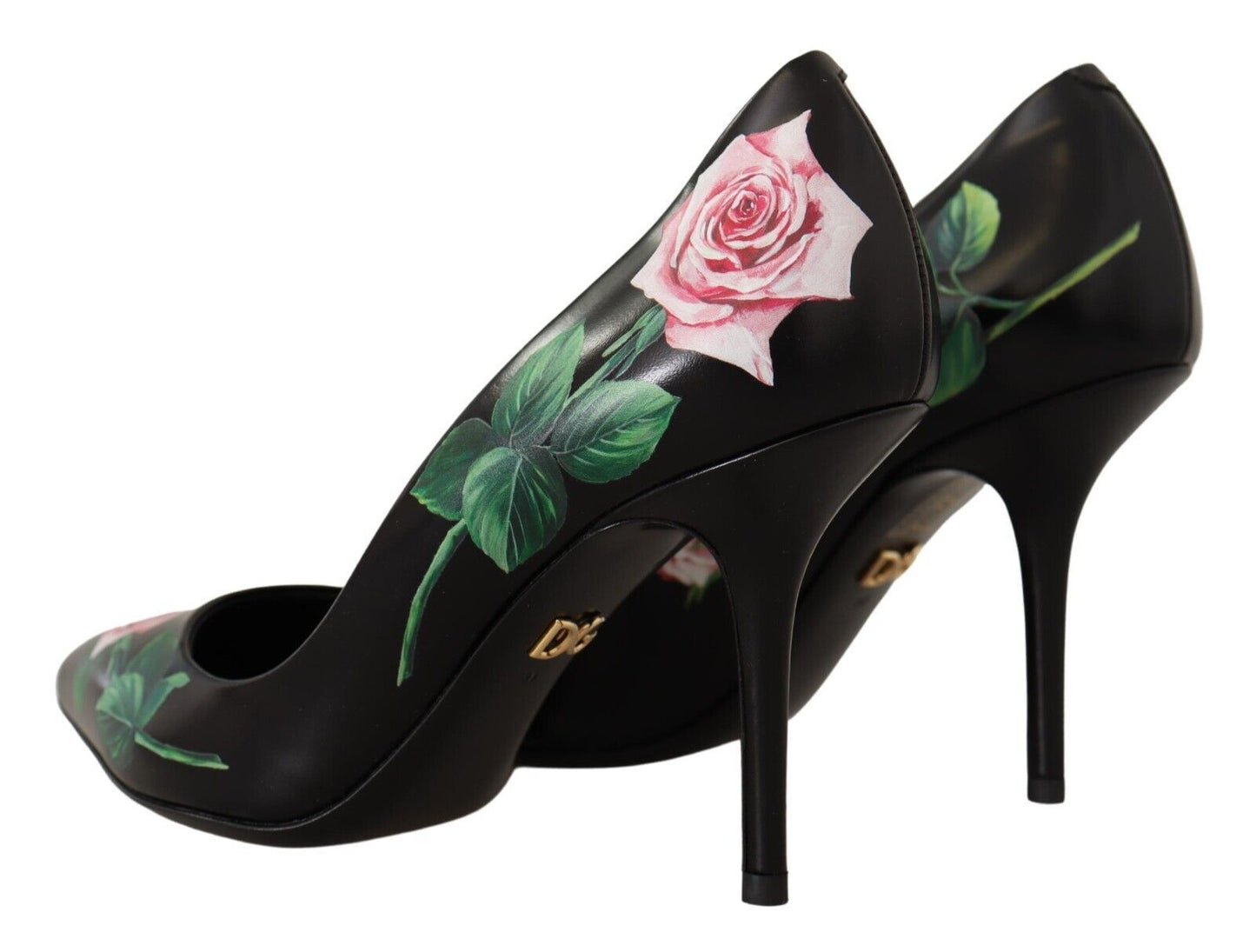 Elegant Black Rose Print Leather Heels