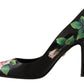 Elegant Black Rose Print Leather Heels