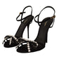 Elegant Black Viscose Ankle Strap Sandals with Crystals