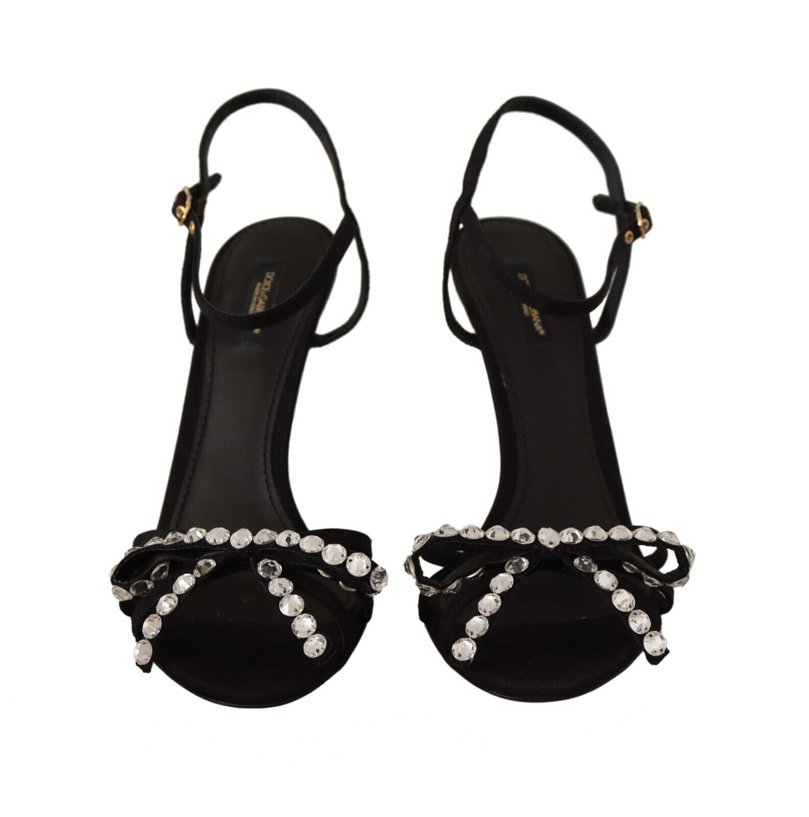 Elegante schwarze Viskose-Sandalen mit Knöchelriemen und Kristallen