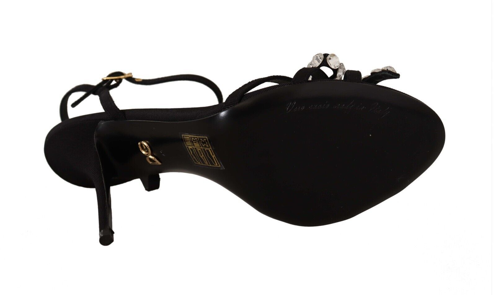 Elegante schwarze Viskose-Sandalen mit Knöchelriemen und Kristallen