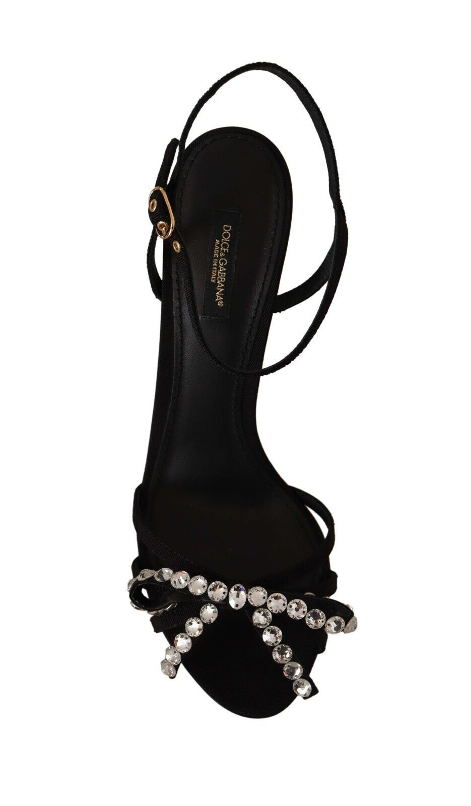 Elegante schwarze Viskose-Sandalen mit Knöchelriemen und Kristallen