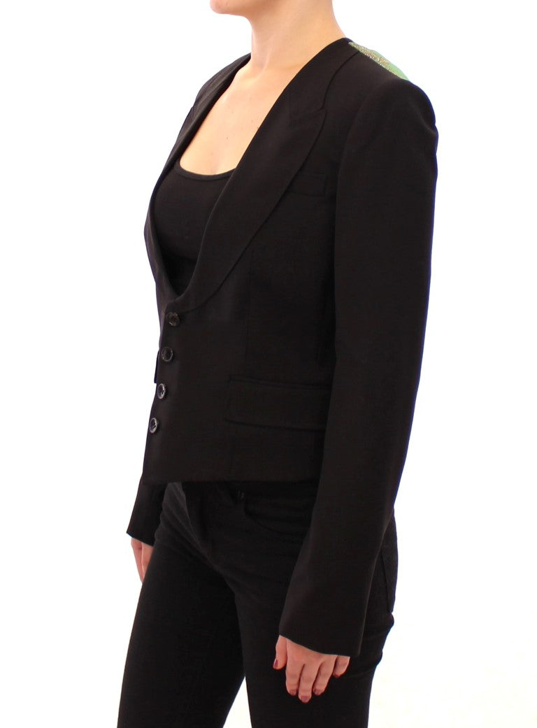 Elegante blazer nero in misto seta con dettaglio sciarpa sul retro