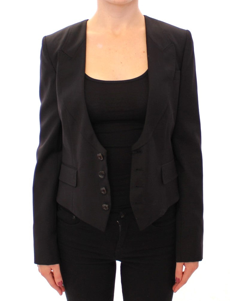 Elegante blazer nero in misto seta con dettaglio sciarpa sul retro