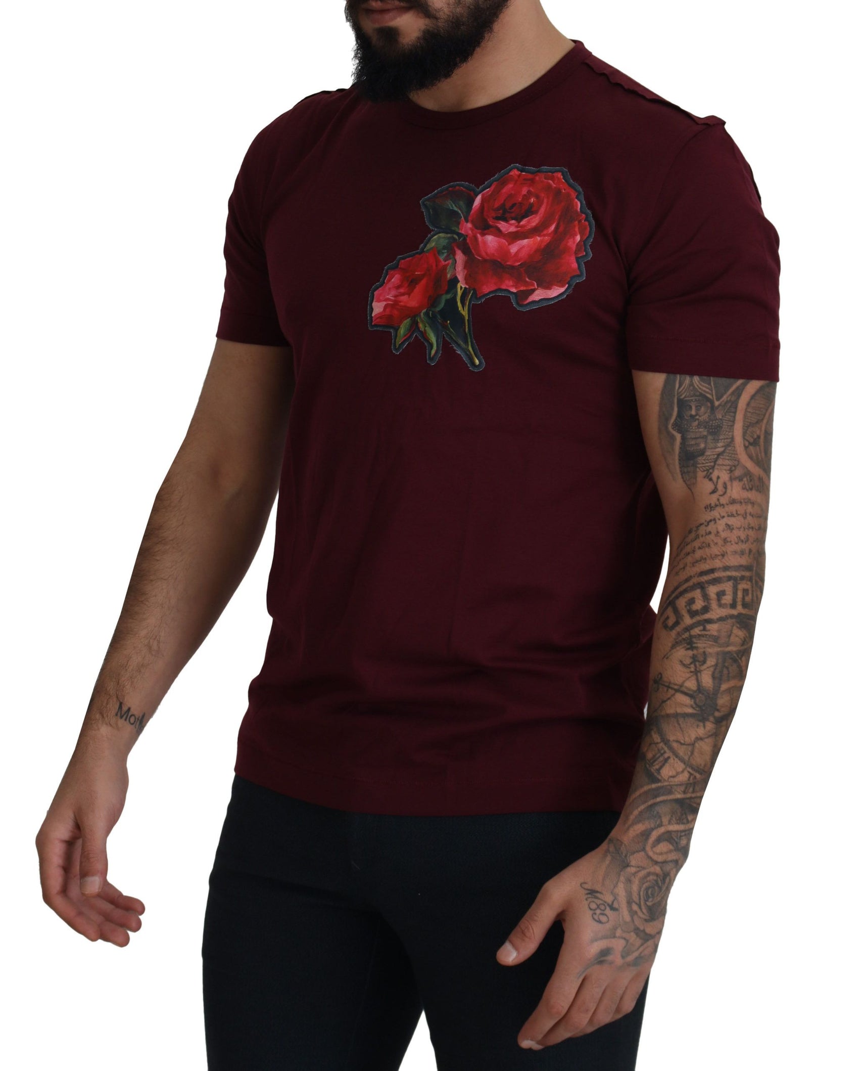 Elegantes Rundhals-T-Shirt mit Bordeaux-Rosen-Motiv