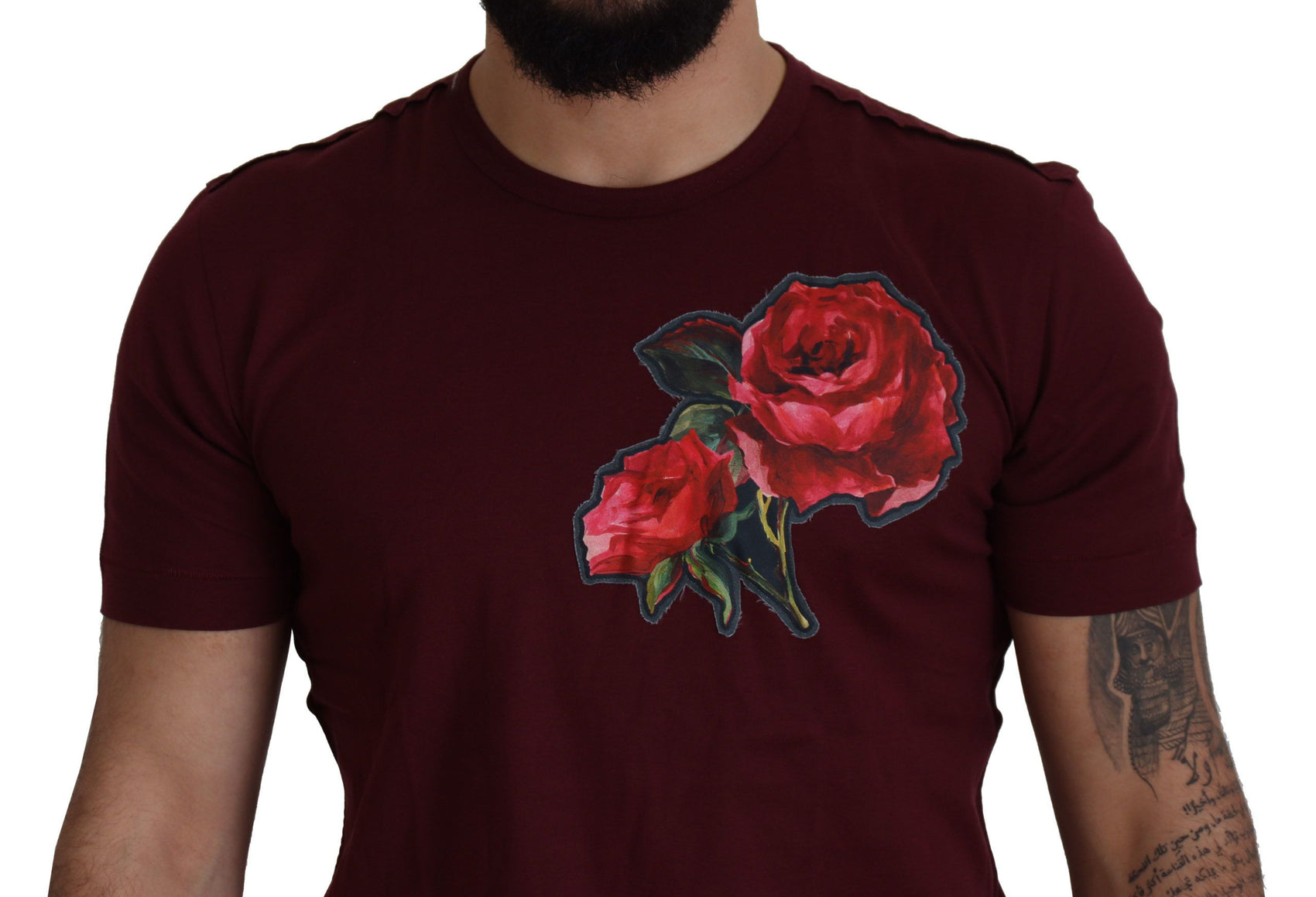 Elegantes Rundhals-T-Shirt mit Bordeaux-Rosen-Motiv