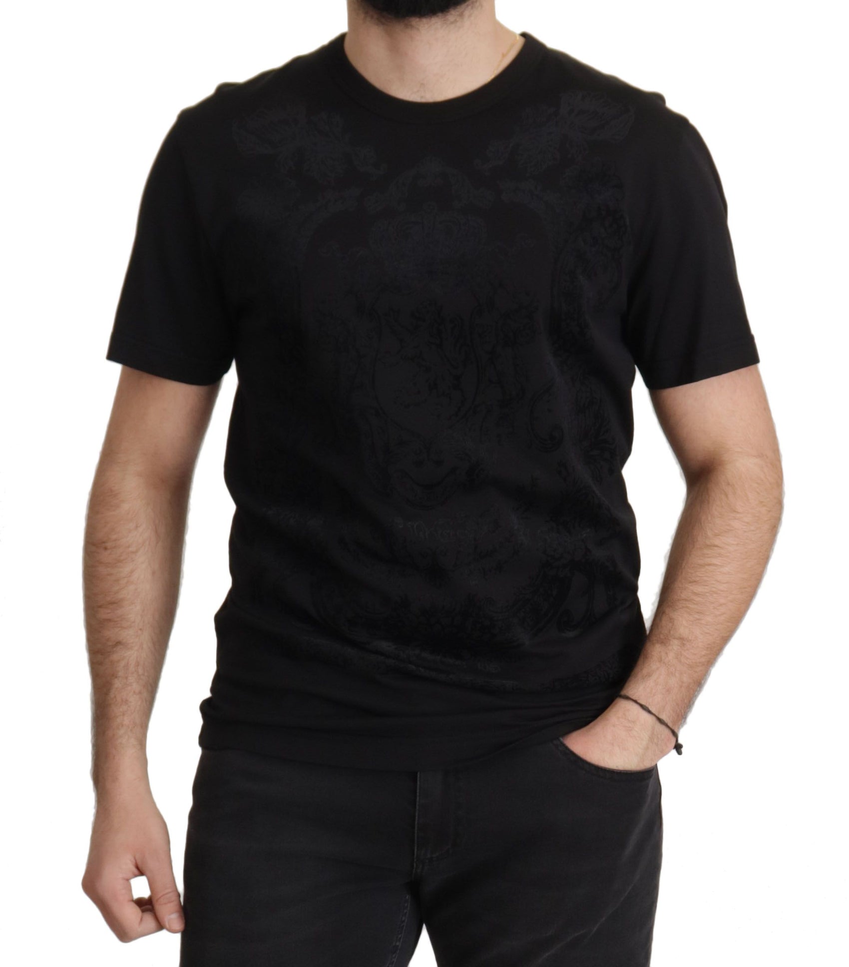 Elegantes schwarzes Barock-T-Shirt mit Rundhalsausschnitt