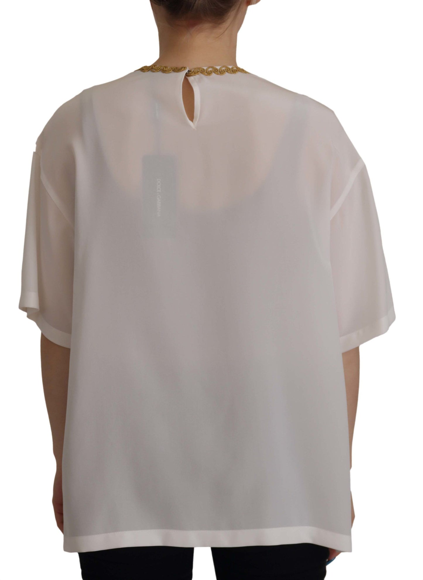 Elegante Seidenbluse mit goldener Kronenstickerei