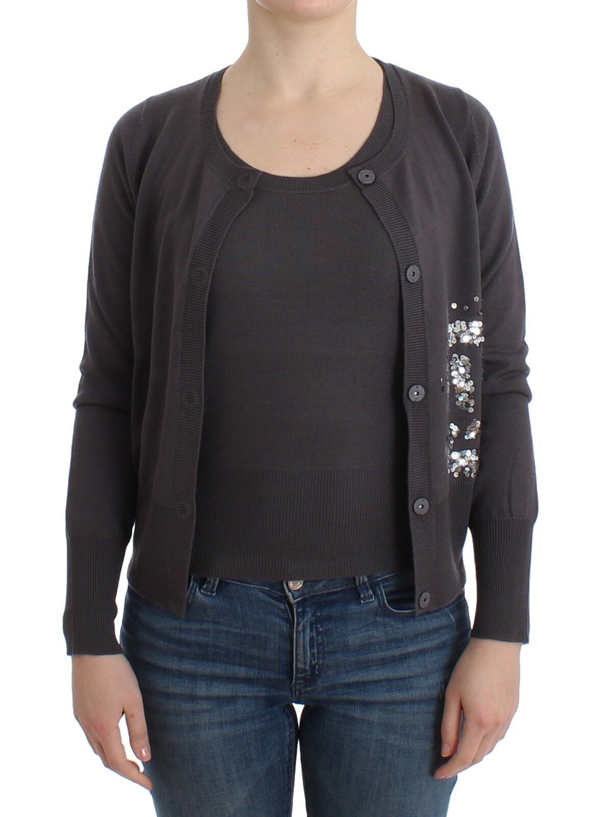 Eleganter lila Wollcardigan mit Pailletten