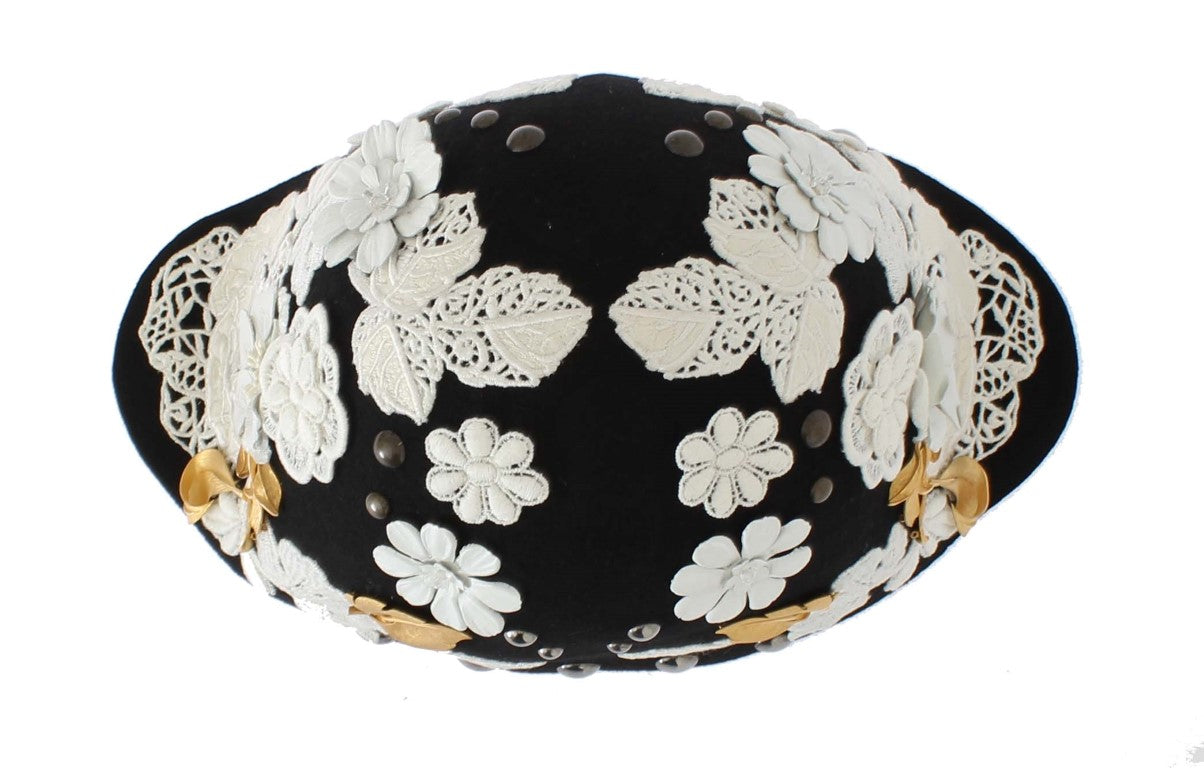 Eleganter schwarzer Glockenhut aus Wolle mit Blumenmuster