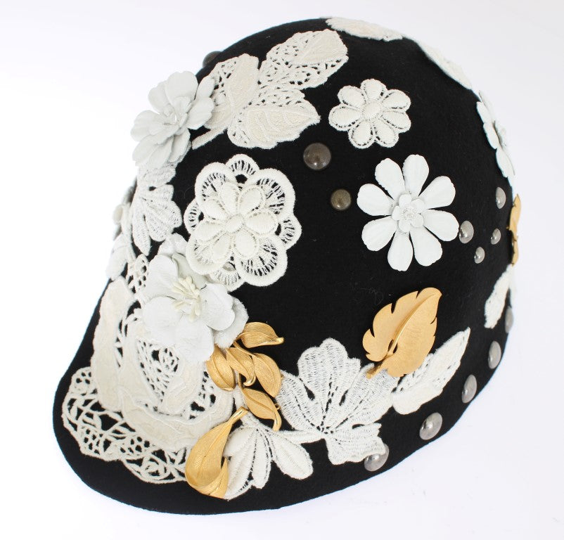 Eleganter schwarzer Glockenhut aus Wolle mit Blumenmuster