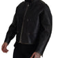 Elegant Black Leather Jacket with Silver Details