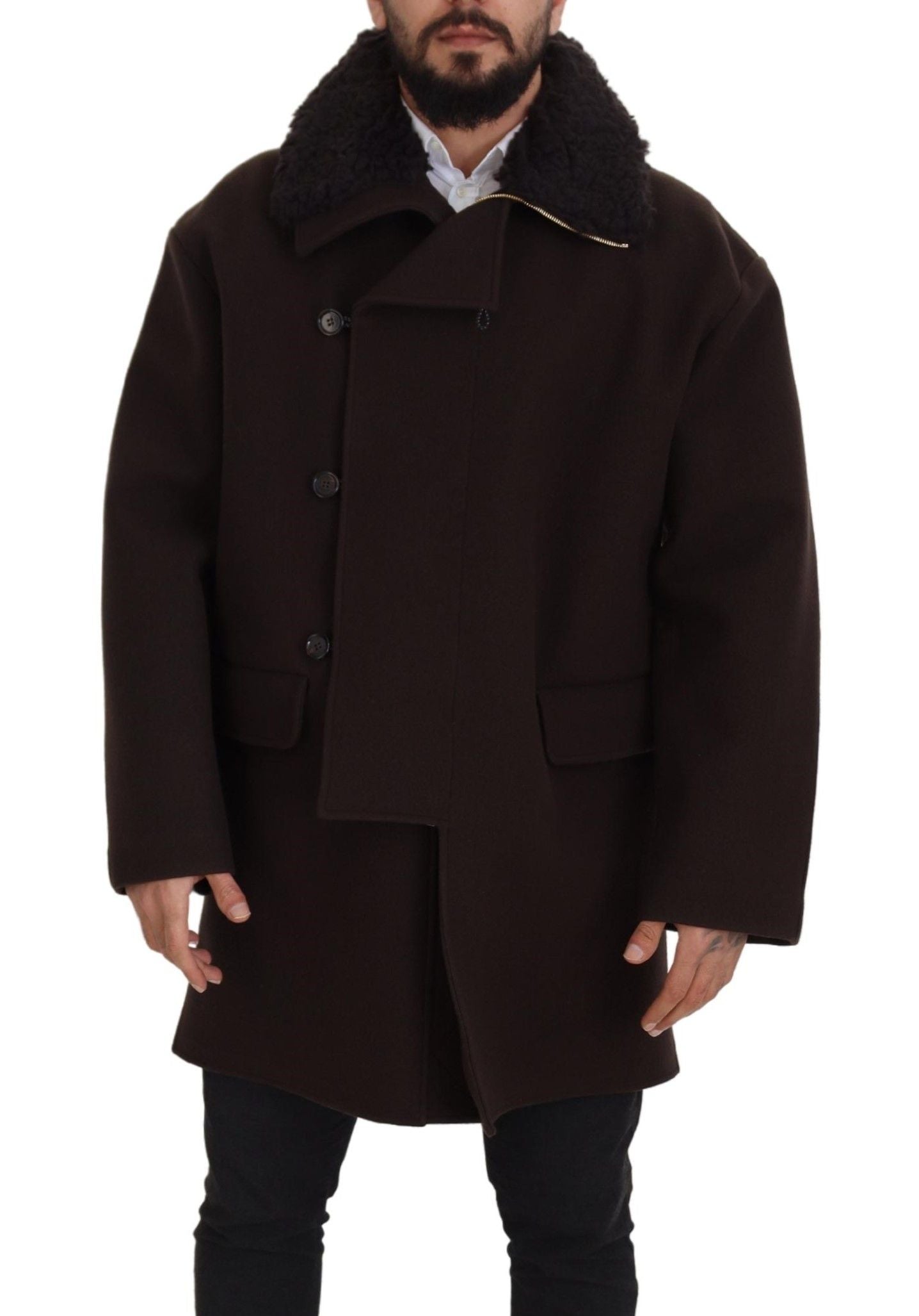 Elegant Dark Brown Shearling Coat Jacket