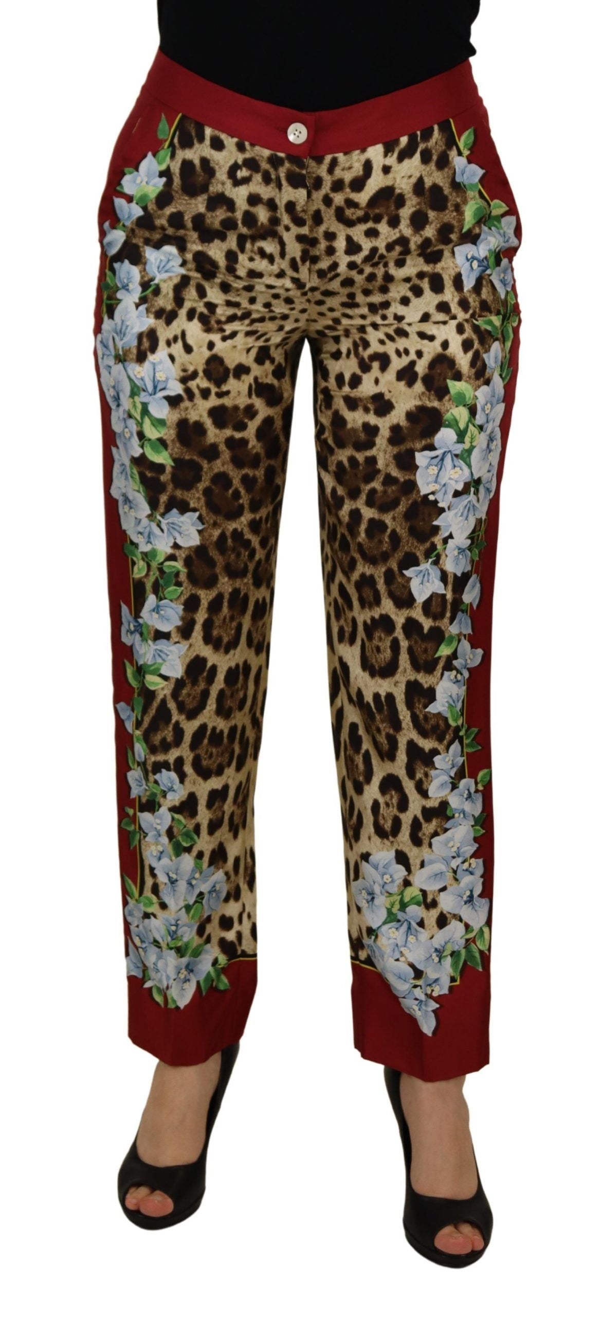 Eleganti pantaloni in seta multicolore a vita alta