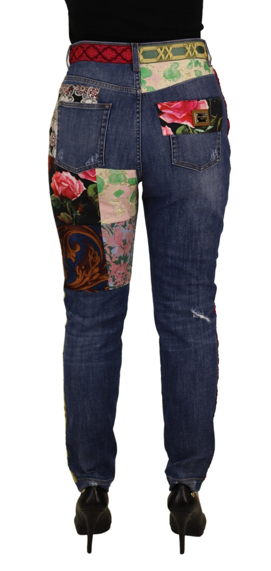 Denim skinny patchwork a vita alta