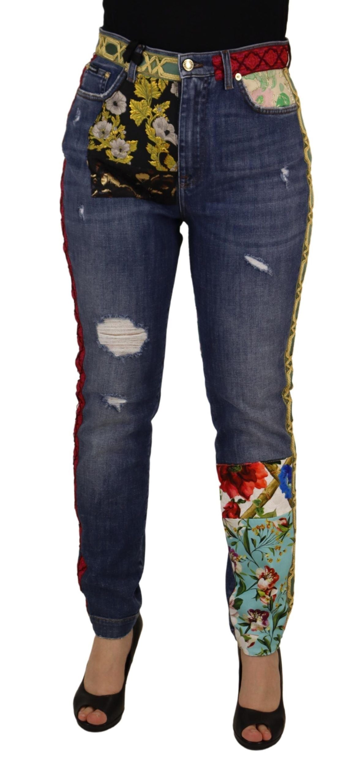 Denim skinny patchwork a vita alta