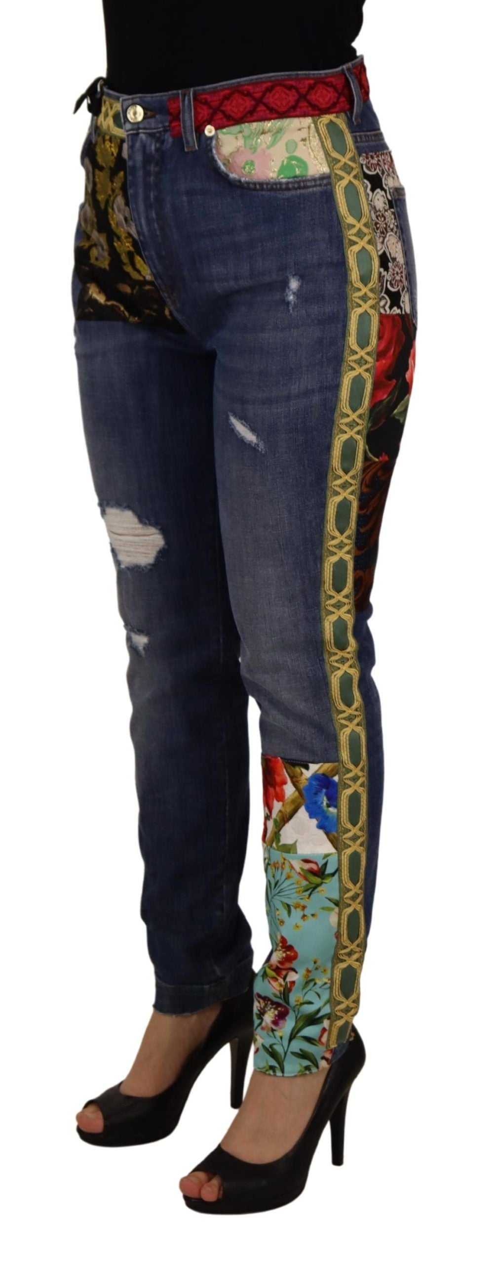 Denim skinny patchwork a vita alta