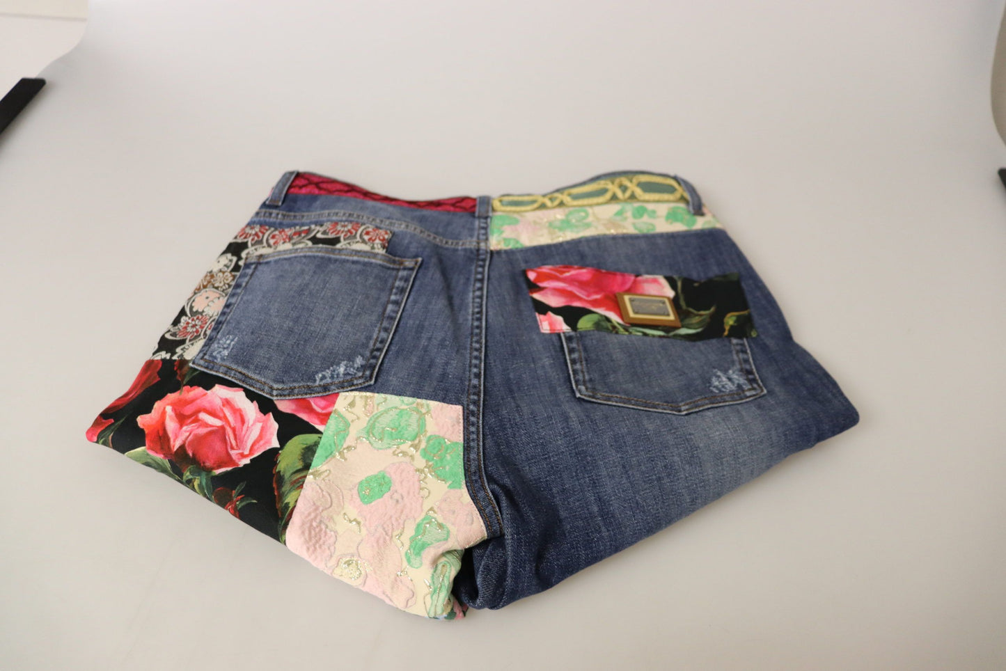Denim skinny patchwork a vita alta