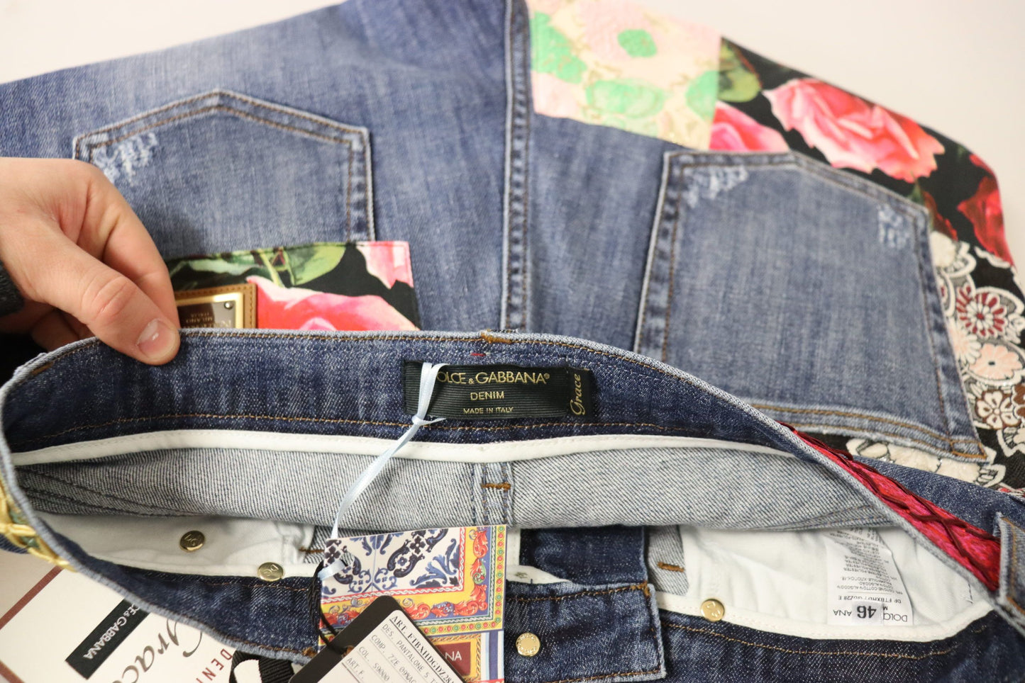 Denim skinny patchwork a vita alta