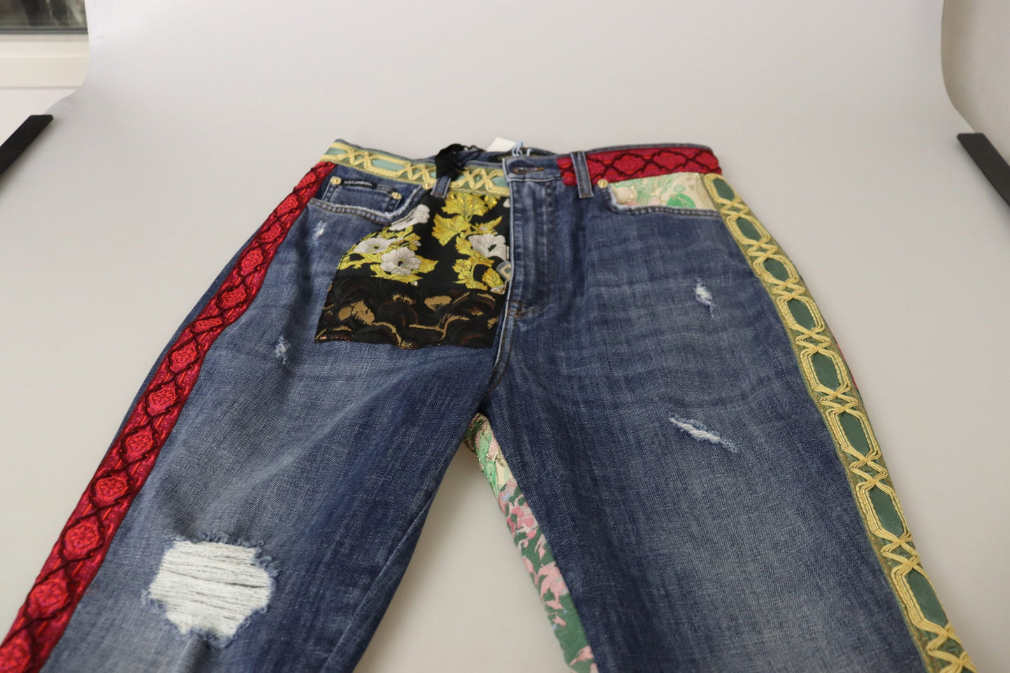 Denim skinny patchwork a vita alta